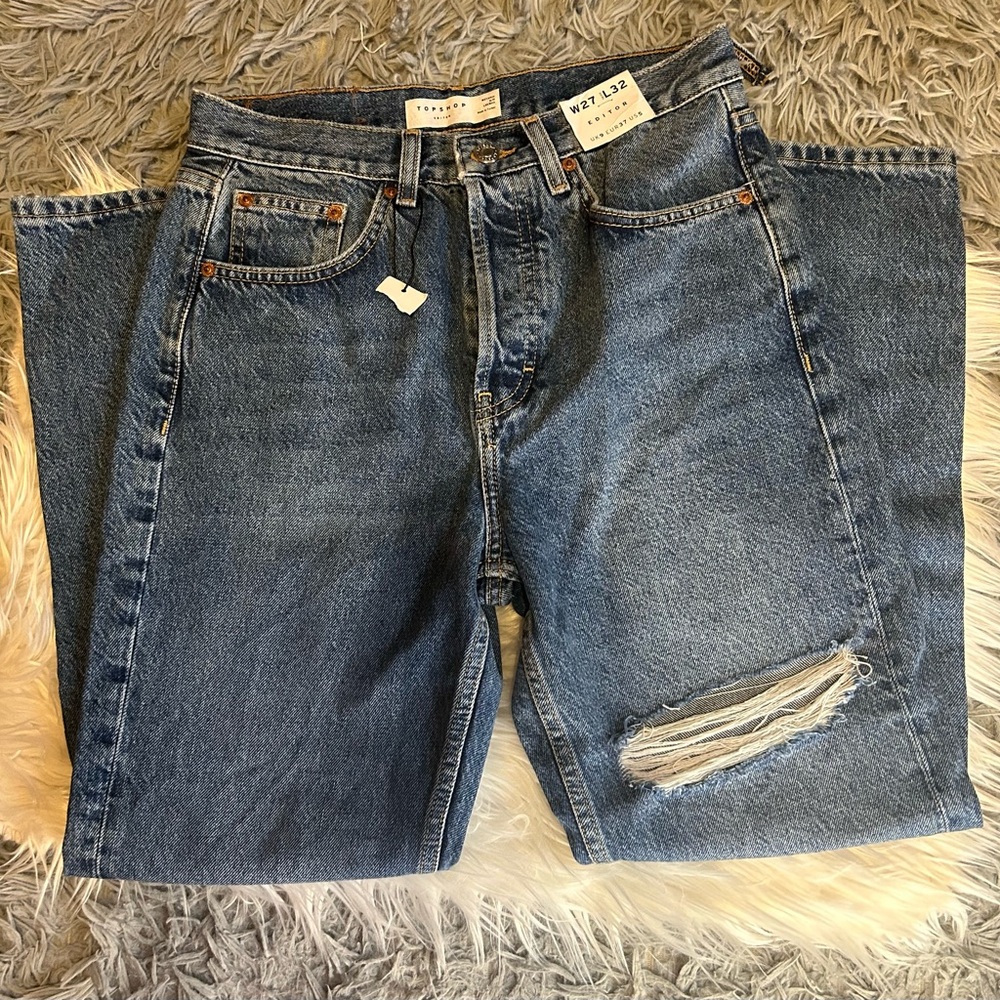 Topshop High Rise Classic Blue Jeans with Ripped Knee